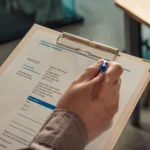 Tangan memegang faktur perusahaan di atas clipboard dengan pena